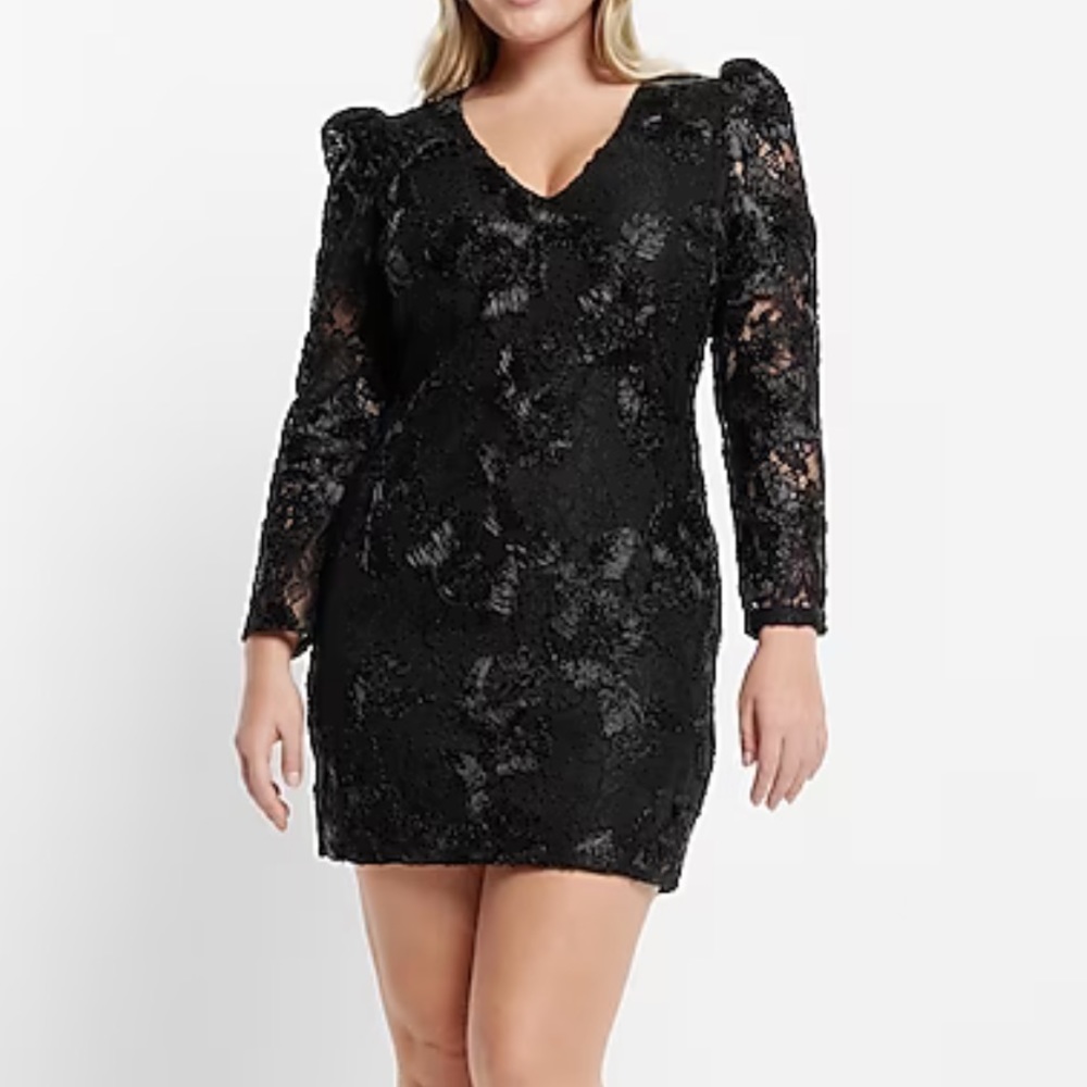 [Express] NWT Black Lace V-Neck Puff Sleeve Mini Sheath Dress- Size Large